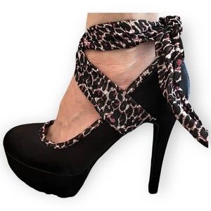 Makers Sz 10 Black Satin Platform Stiletto Heel Pink Leopard Ankle Lace Up Tie